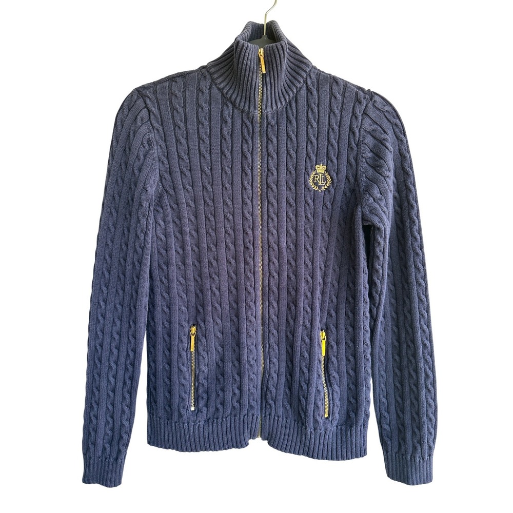 Lauren Ralph Lauren Y2K Cable Knit Full Zip Crest Cardigan Sweater Women Medium